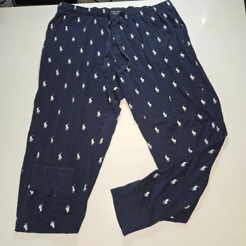 Polo Ralph Lauren Mens XL Pajama Pants Navy Blue Pony Print Cotton Joggers